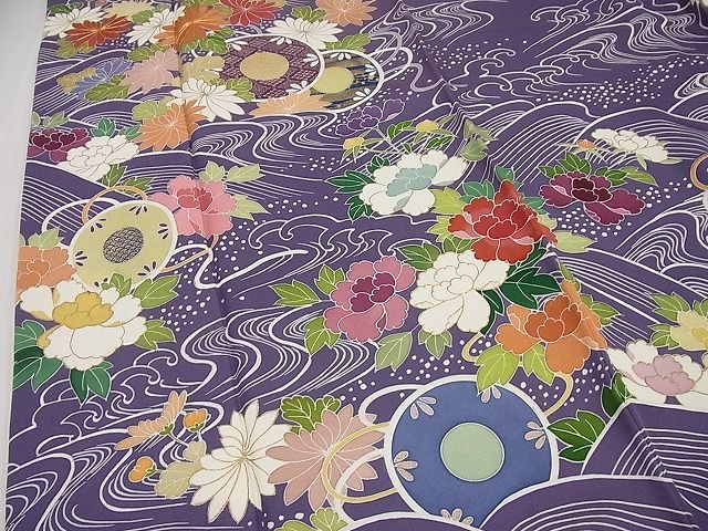 平和屋本店●極上　創業460年・千總　誰が袖好み　振袖　駒刺繍　鼓流水花文　金彩　高島屋扱い　逸品4s581