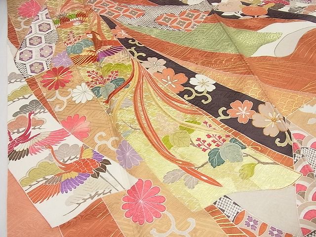 平和屋本店●極上　創業460年・千總　振袖　駒刺繍　束ね熨斗花鳥文　金彩　小田急扱い　逸品4s593