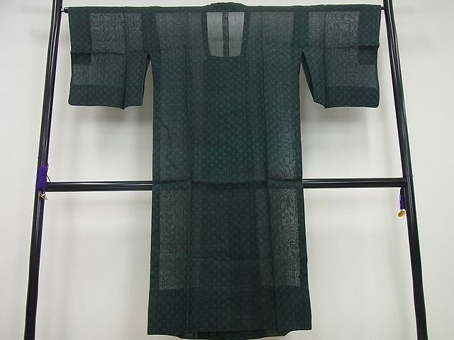 平和屋本店■極上　夏物　絹芭蕉　道行コート　スリーシーズン　春夏秋　塵除け　ロング丈　格子柄　証紙付き　逸品4s595