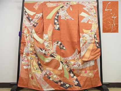 平和屋本店●極上　創業460年・千總　振袖　駒刺繍　束ね熨斗花鳥文　金彩　小田急扱い　逸品4s593