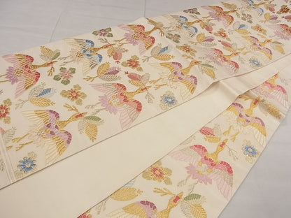 平和屋着物●皇室・伊勢神宮御用　御御帯　山口美術織物　山口弘躬　袋帯　草花自然織　松食鶴文　色紙付き　金銀糸　逸品　CAAA6641yk