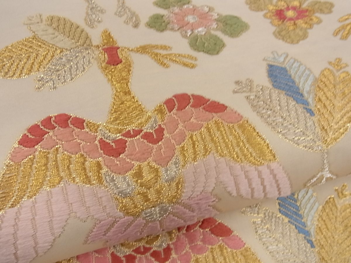 平和屋着物●皇室・伊勢神宮御用　御御帯　山口美術織物　山口弘躬　袋帯　草花自然織　松食鶴文　色紙付き　金銀糸　逸品　CAAA6641yk