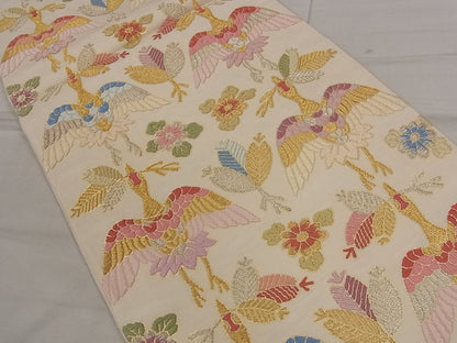平和屋着物●皇室・伊勢神宮御用　御御帯　山口美術織物　山口弘躬　袋帯　草花自然織　松食鶴文　色紙付き　金銀糸　逸品　CAAA6641yk