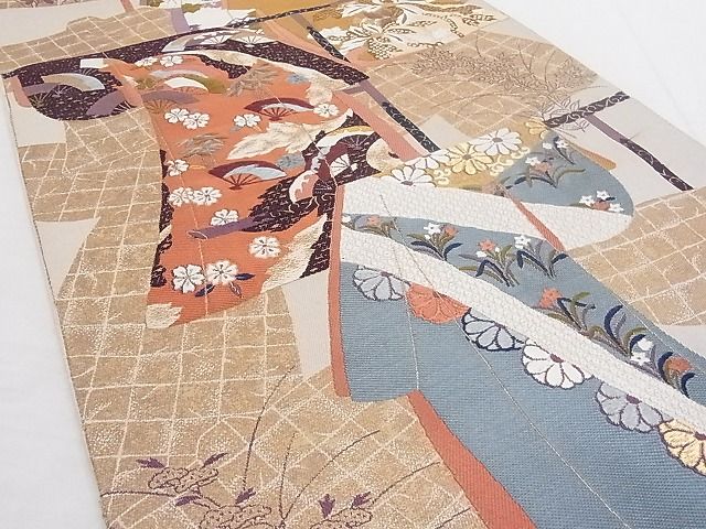 平和屋着物■六通柄袋帯 障壁画 雛形屏風紋 誰袖花文 金糸 正絹 逸品 AAAC8105Agk
