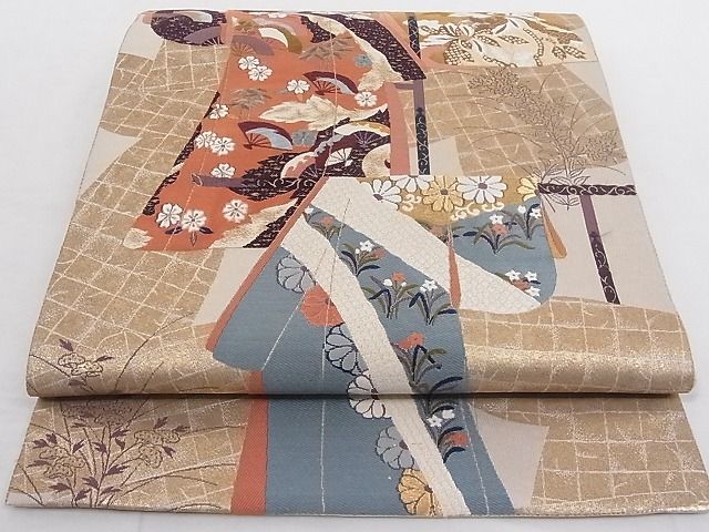 平和屋着物■六通柄袋帯 障壁画 雛形屏風紋 誰袖花文 金糸 正絹 逸品 AAAC8105Agk
