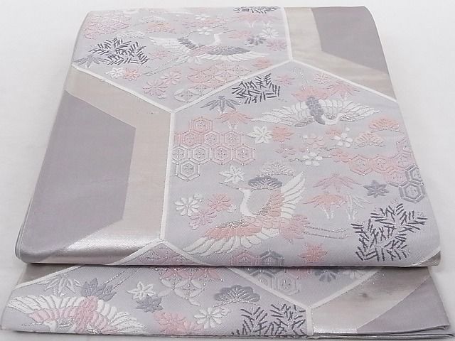 平和屋着物■六通柄袋帯 唐織 飛鶴亀甲花文 松竹梅 銀糸 正絹 逸品 AAAC8209Agk