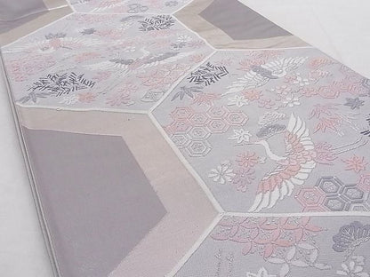平和屋着物■六通柄袋帯 唐織 飛鶴亀甲花文 松竹梅 銀糸 正絹 逸品 AAAC8209Agk