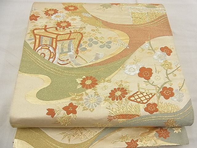 平和屋着物■六通柄袋帯 唐織 御所車流水草花文 金銀糸 逸品 n-ea1889