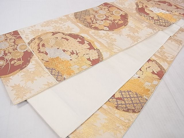平和屋着物■六通柄袋帯 孔雀御所車花文 金糸 逸品 DAAA2185mz