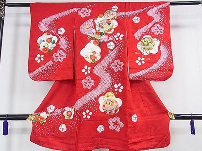 平和屋本店■極上　子供　七五三　女の子　3歳　祝着・襦袢・帯・小物セット　刺繍　花毬文　金糸　逸品　DZAA0093kh4