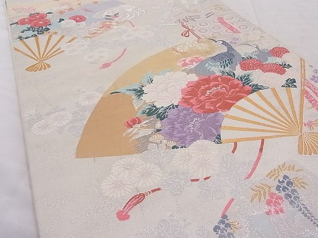 平和屋着物■六通柄袋帯 唐織 扇面孔雀花文 金銀糸 正絹 逸品 AAAD7900Agk