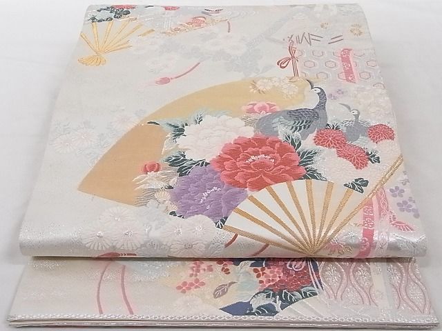 平和屋着物■六通柄袋帯 唐織 扇面孔雀花文 金銀糸 正絹 逸品 AAAD7900Agk