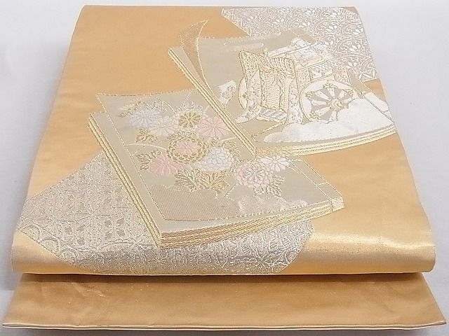 平和屋着物■六通柄袋帯　唐織　冊子御所車花文　金銀糸　引箔　正絹　逸品　AAAD9033Ajz