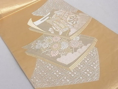 平和屋着物■六通柄袋帯　唐織　冊子御所車花文　金銀糸　引箔　正絹　逸品　AAAD9033Ajz