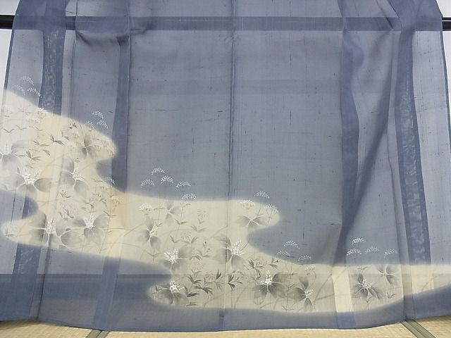 平和屋本店■極上　夏物　訪問着　紗紬　手描き　流水草花文　暈し染め　正絹　逸品　未使用　KAAA0641kk4