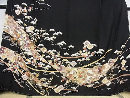 平和屋本店●極上 訪問着 駒刺繍 吉祥花文 黒地 金彩 正絹 逸品 未使用 KAAA0643kk4