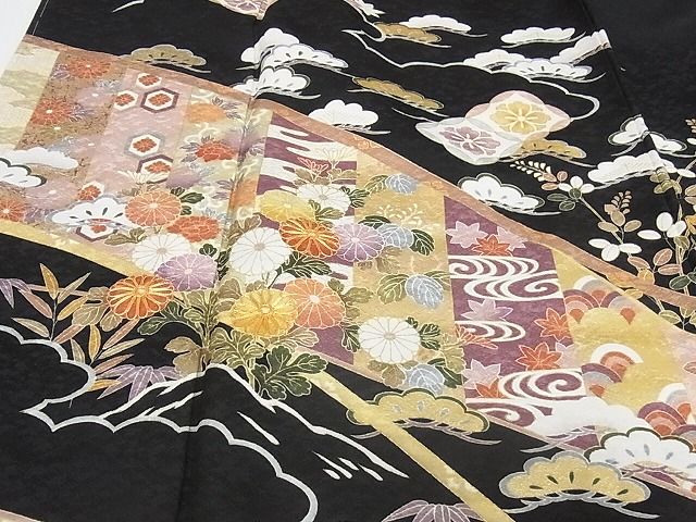 平和屋本店●極上 訪問着 駒刺繍 吉祥花文 黒地 金彩 正絹 逸品 未使用 KAAA0643kk4