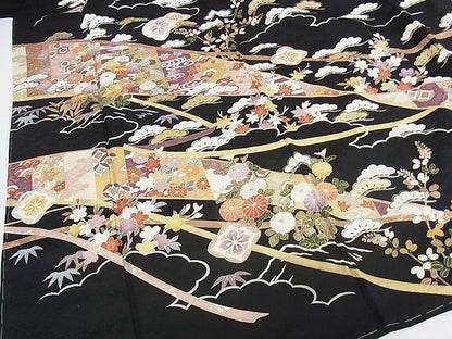 平和屋本店●極上 訪問着 駒刺繍 吉祥花文 黒地 金彩 正絹 逸品 未使用 KAAA0643kk4