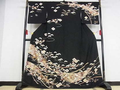 平和屋本店●極上 訪問着 駒刺繍 吉祥花文 黒地 金彩 正絹 逸品 未使用 KAAA0643kk4