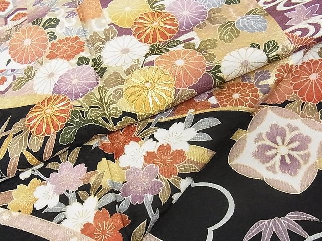 平和屋本店●極上 訪問着 駒刺繍 吉祥花文 黒地 金彩 正絹 逸品 未使用 KAAA0643kk4