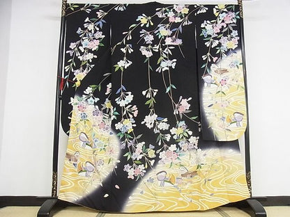 平和屋本店●極上 振袖 友禅 作家物 鴛鴦 暈し染め 黒地 正絹 逸品 KAAA0647kk4