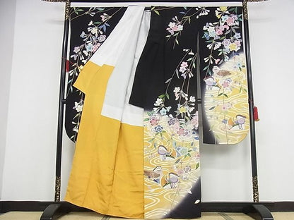 平和屋本店●極上 振袖 友禅 作家物 鴛鴦 暈し染め 黒地 正絹 逸品 KAAA0647kk4