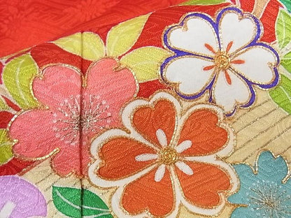 平和屋本店■極上　創業460年・千總　子供　祝着　七五三　女の子　7歳　駒刺繍　花楽器文　金彩　正絹　逸品　KAAA0584kk4
