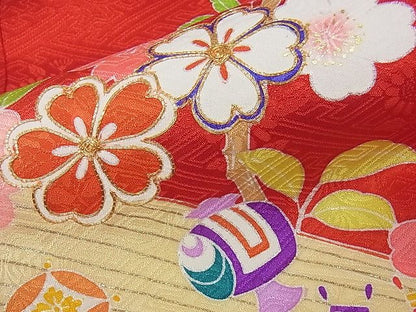 平和屋本店■極上　創業460年・千總　子供　祝着　七五三　女の子　7歳　駒刺繍　花楽器文　金彩　正絹　逸品　KAAA0584kk4