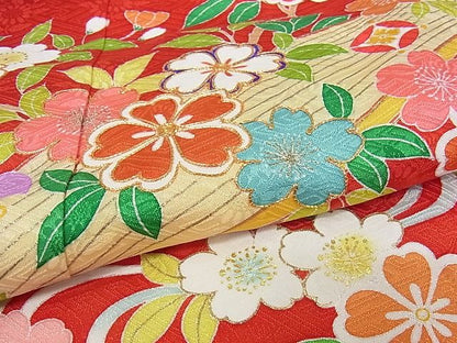 平和屋本店■極上　創業460年・千總　子供　祝着　七五三　女の子　7歳　駒刺繍　花楽器文　金彩　正絹　逸品　KAAA0584kk4