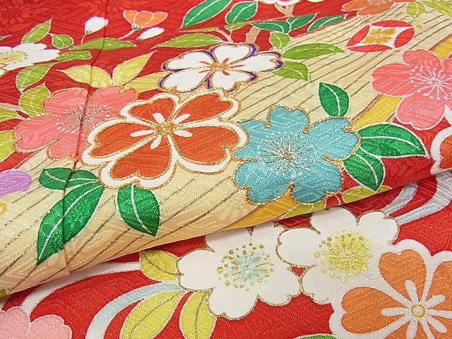 平和屋本店■極上　創業460年・千總　子供　祝着　七五三　女の子　7歳　駒刺繍　花楽器文　金彩　正絹　逸品　KAAA0584kk4