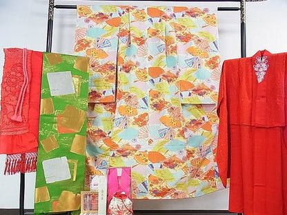平和屋本店■極上　子供　七五三　女の子　7歳　祝着・襦袢(無双仕立て・半衿刺繍)・帯・小物セット　舞扇　金彩　逸品　DZAA0094kh4