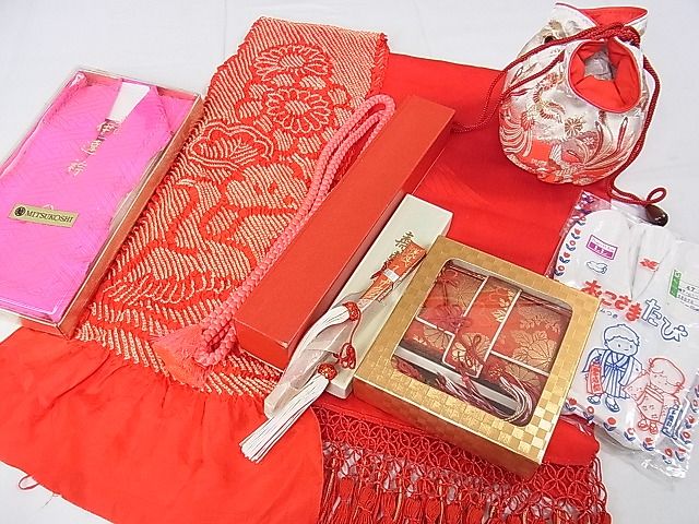 平和屋本店■極上　子供　七五三　女の子　7歳　祝着・襦袢(無双仕立て・半衿刺繍)・帯・小物セット　舞扇　金彩　逸品　DZAA0094kh4