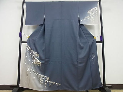 平和屋本店●極上　 金彩友禅　卓越技能者・名工・和田光正　訪問着　舞桜　藍鉄色地　逸品4s700