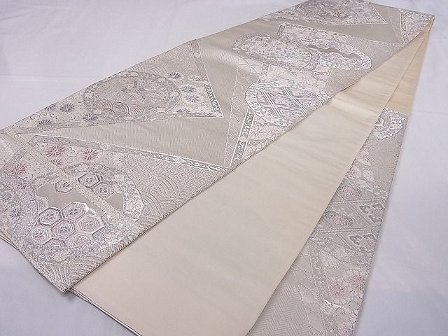 平和屋着物◎六通柄袋帯 裂取鏡裏文 銀糸 正絹 逸品 AAAD9068Ajz