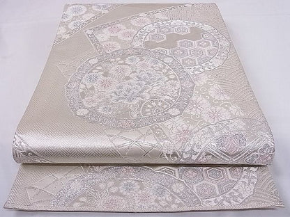 平和屋着物◎六通柄袋帯 裂取鏡裏文 銀糸 正絹 逸品 AAAD9068Ajz