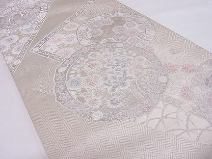 平和屋着物◎六通柄袋帯 裂取鏡裏文 銀糸 正絹 逸品 AAAD9068Ajz
