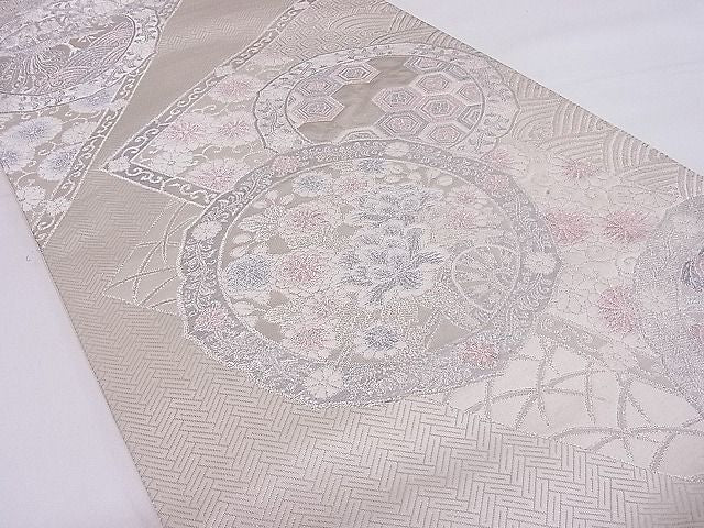 平和屋着物◎六通柄袋帯 裂取鏡裏文 銀糸 正絹 逸品 AAAD9068Ajz