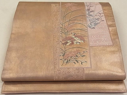 平和屋着物◎六通太鼓柄袋帯 唐織 短冊花鳥文 金糸 引箔 逸品 CAAC8478ca