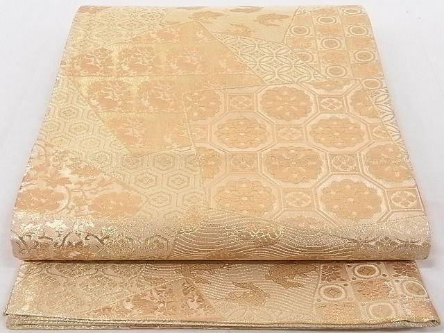 平和屋着物◎六通柄袋帯 色紙名物花文 荒磯 花兎 金糸 正絹 逸品 AAAD7986Agk