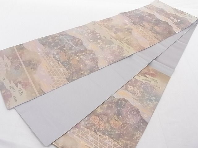 平和屋着物◎六通柄袋帯 遠山風景花文 引箔 正絹 逸品 AAAD7988Agk