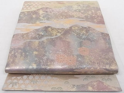 平和屋着物◎六通柄袋帯 遠山風景花文 引箔 正絹 逸品 AAAD7988Agk