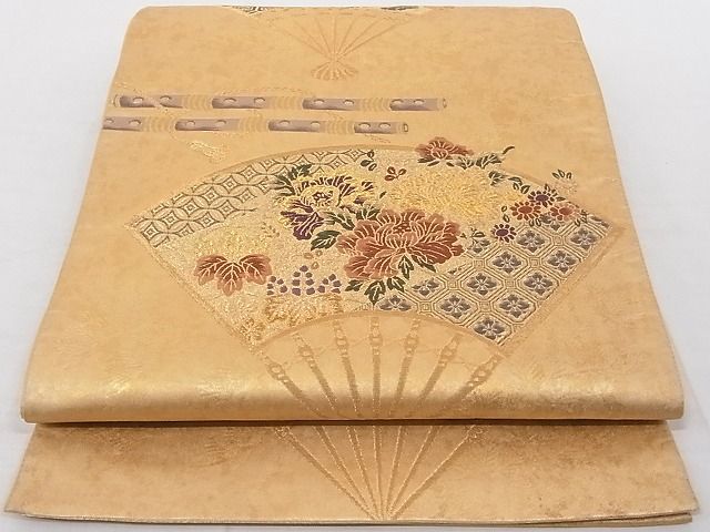 平和屋着物◎鏤金 六通柄袋帯 唐織 扇面横笛花文 金糸 正絹 逸品 AAAD1964Agk