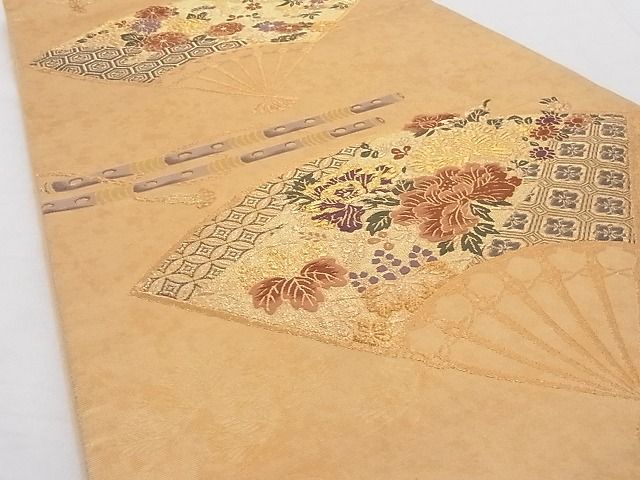 平和屋着物◎鏤金 六通柄袋帯 唐織 扇面横笛花文 金糸 正絹 逸品 AAAD1964Agk