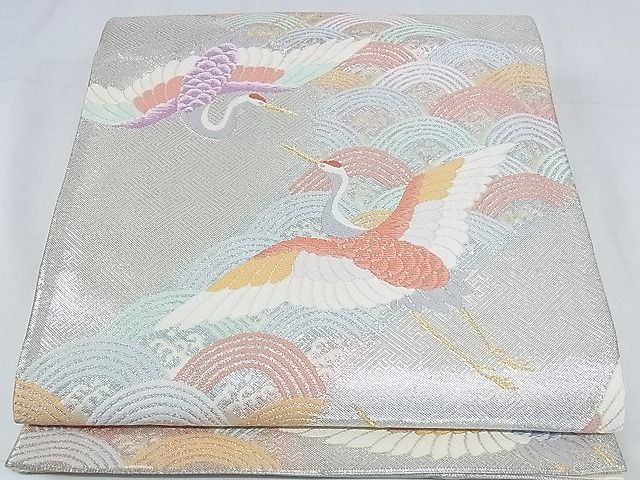 平和屋着物◎六通柄袋帯 唐織 飛鶴青海波 金銀糸 正絹 逸品 AAAD1325Ahg