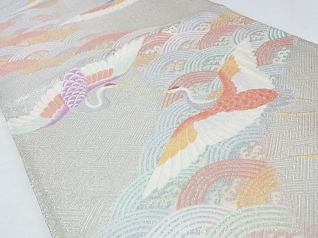 平和屋着物◎六通柄袋帯 唐織 飛鶴青海波 金銀糸 正絹 逸品 AAAD1325Ahg