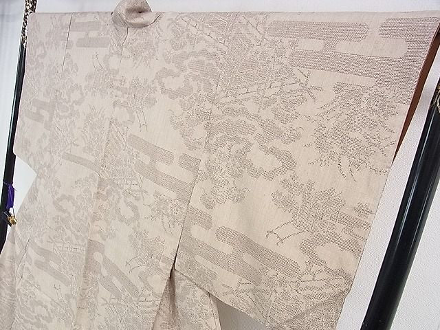 平和屋本店●極上　本場結城紬　重要無形文化財　100亀甲　奥順謹製　エ霞松風景　白茶色地　証紙付き　逸品　DZAA0130kh4
