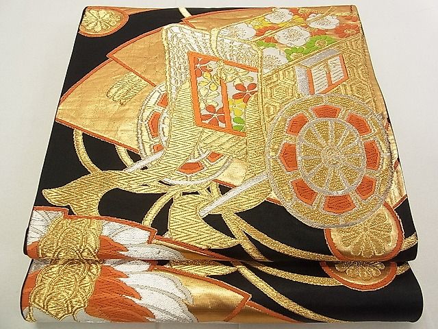 平和屋着物◎六通柄袋帯 唐織 扇面御所車飛鶴花文 黒地 金銀糸 逸品 DAAA3467rt