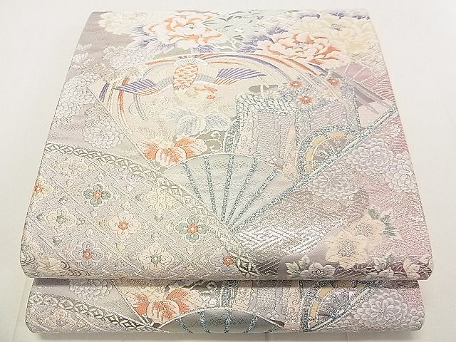 平和屋着物◎六通柄袋帯 唐織 扇面御所車花鳥文 銀糸 逸品 DAAA3501rt