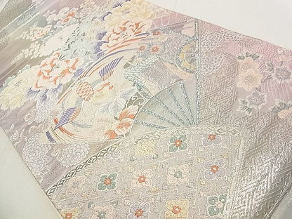 平和屋着物◎六通柄袋帯 唐織 扇面御所車花鳥文 銀糸 逸品 DAAA3501rt