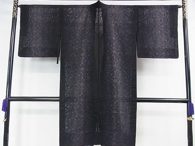 平和屋本店▽極上 道中着 うすお召 スリーシーズン 春夏秋 塵除け ロング丈 紗 流水花文 暈し染め 黒地 反端付き 逸品 未使用 DZAA0164kh4